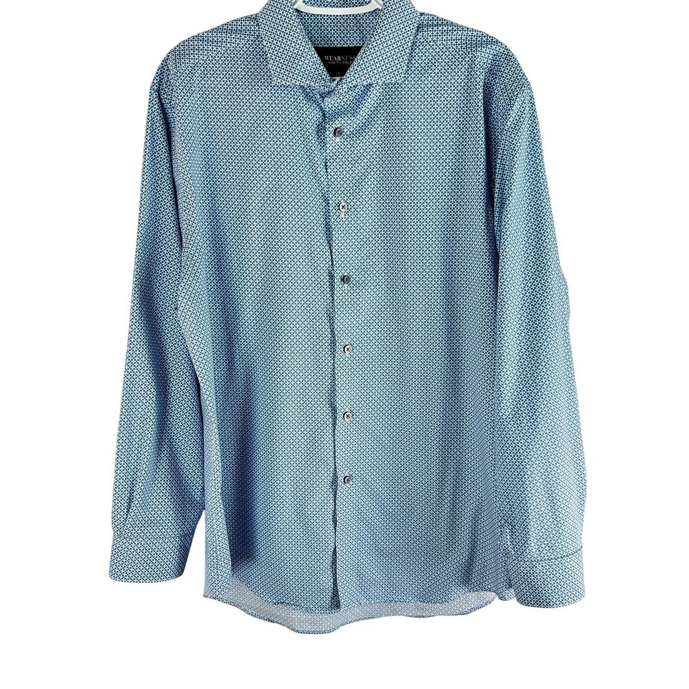 Men’s Awearness Dress shirt Kenneth Cole 17 34-35 Blue Geometric Print stretch